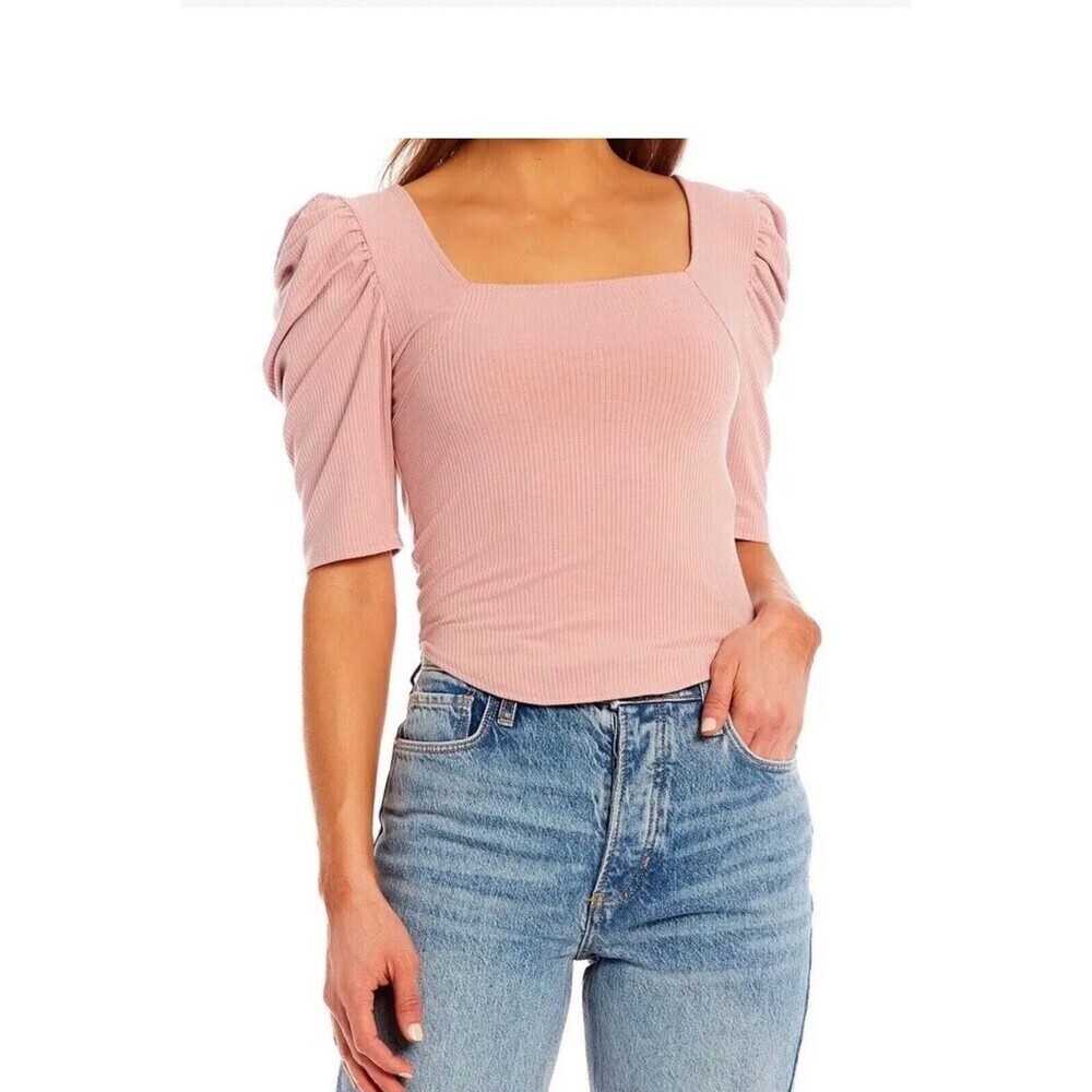 FREE PEOPLE‎ NIGHT LILY TOP OB1434162 PUFF SLEEVE RIBBED PALE MAUVE SIZE XS NWT